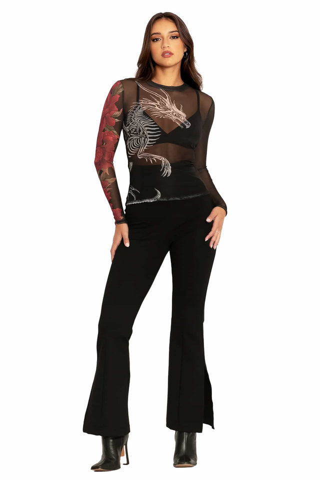 Skeletal Dragon Sheer High Neck Long Sleeve Top