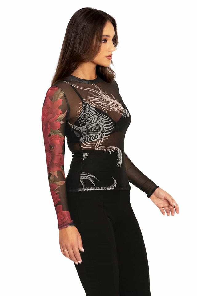 Skeletal Dragon Sheer High Neck Long Sleeve Top