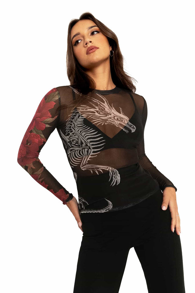 Skeletal Dragon Sheer High Neck Long Sleeve Top