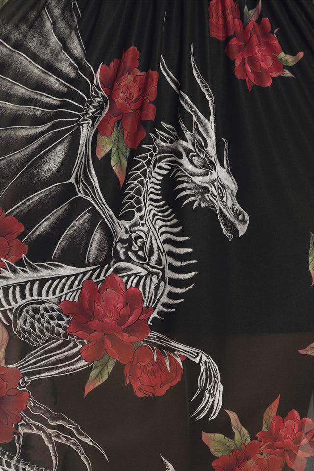 black dress with red dragons Red and Black Dragon Embroidery Cheongsam Style Goth Qipao Bell Sleeves Mermaid Dress
