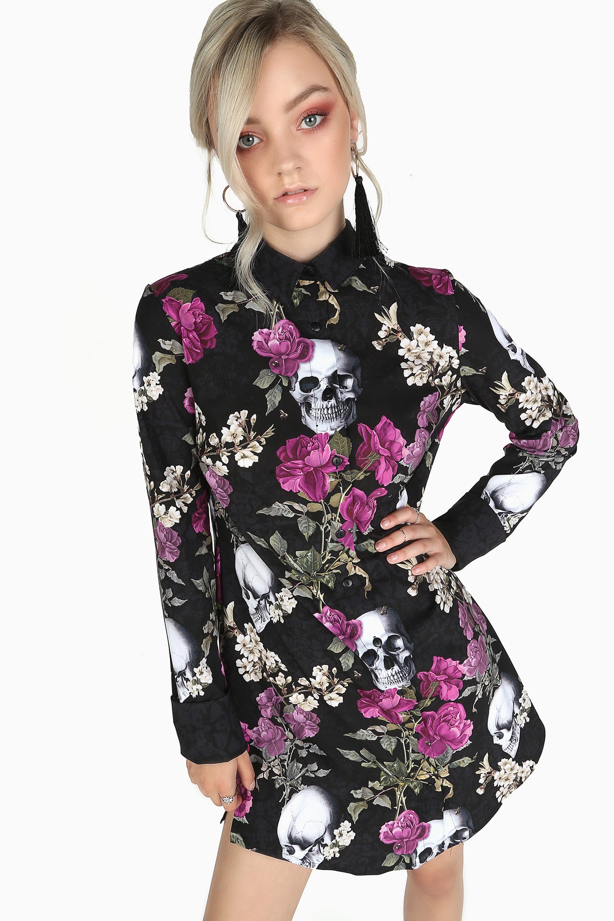 black shirt dress with flowers Skull Bouquet Long Sleeve Business Time Dress-BlackMilk and a dreamy flowing Asher Azazie 2026 A-Line Fairy size:2X