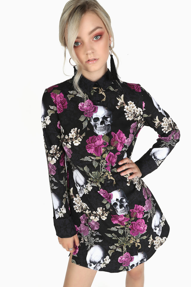Skull Bouquet Long Sleeve Business Time Shirt Dress featuring a striking skull and floral print, classic button-through design and long sleeves, perfect for workwear, alternative fashion and elevated everyday styling.