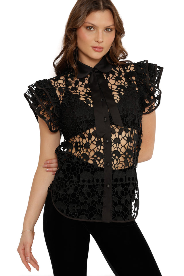 Skull Lace Frill Sleeve Top