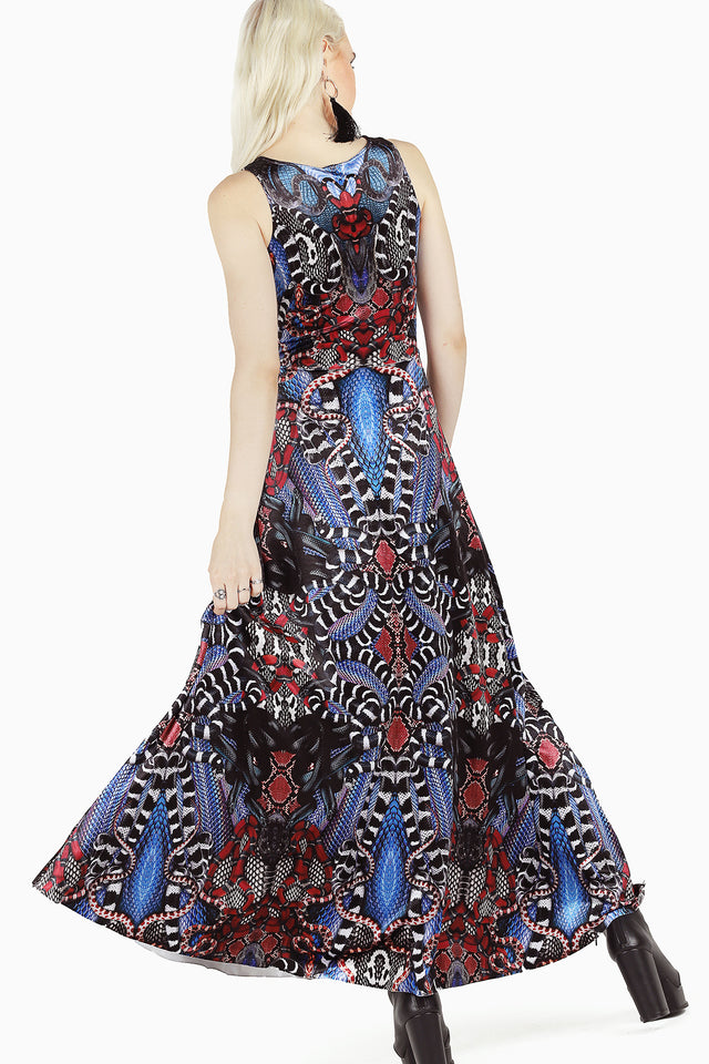 Snakaleidoscope Velvet Princess Maxi Dress in printed velvet with sleeveless bodice, fitted waist and dramatic flared princess maxi skirt
