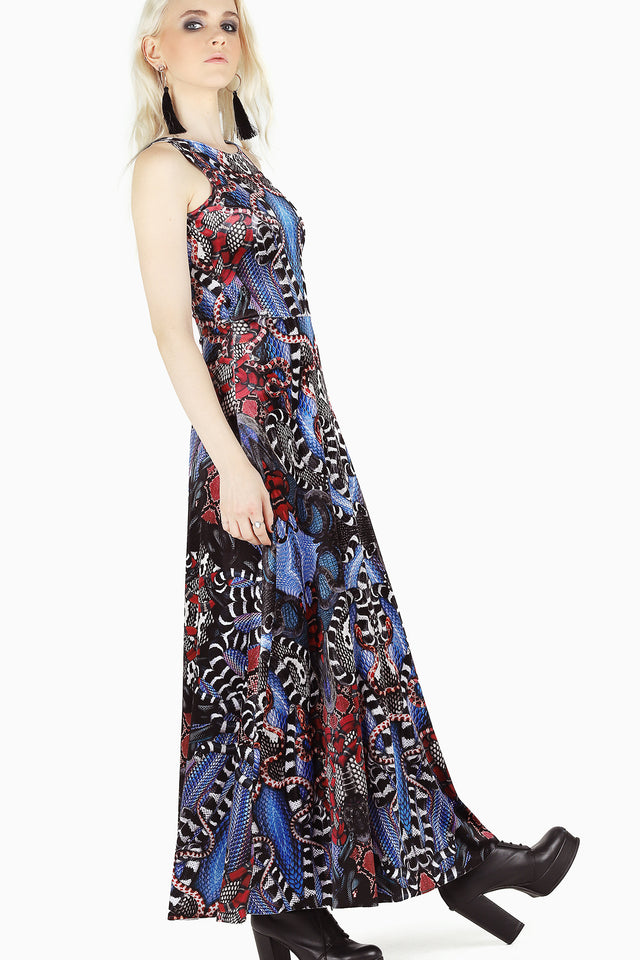Sleeveless Snakaleidoscope Velvet Princess Maxi Dress in multicolour printed velvet with kaleidoscope snake artwork and flowing maxi skirt