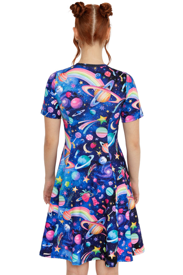Bright galaxy print dress with planets, stars and whimsical rainbow space artwork
