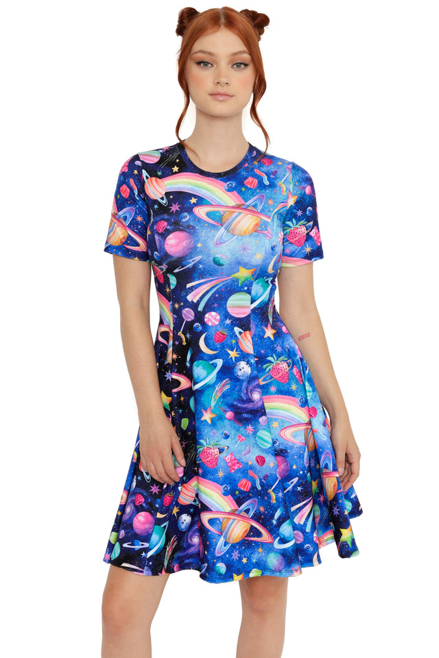 Colourful galaxy skater dress with rainbow planets, stars and candy-inspired space print