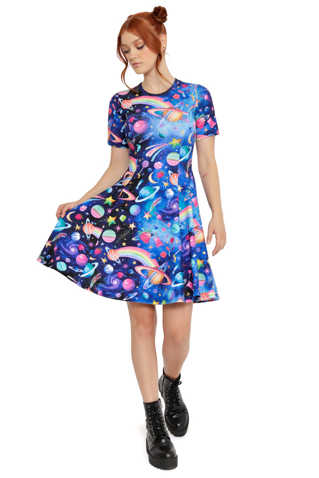 Space-themed skater dress featuring vibrant planets, rainbows and playful cosmic illustrations