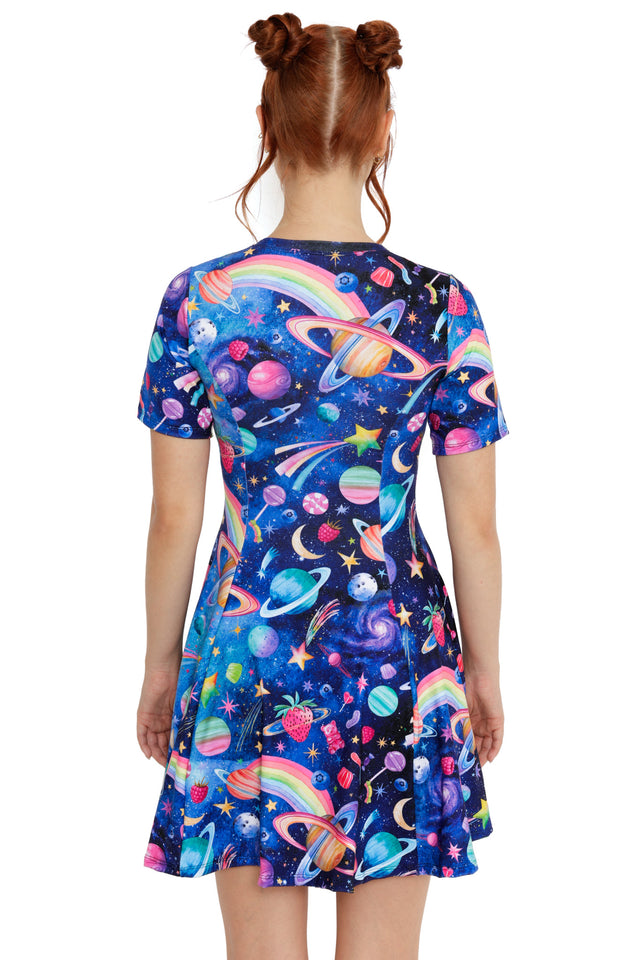 Galaxy print dress with bright planets, stars and rainbow details on a flared skater silhouette