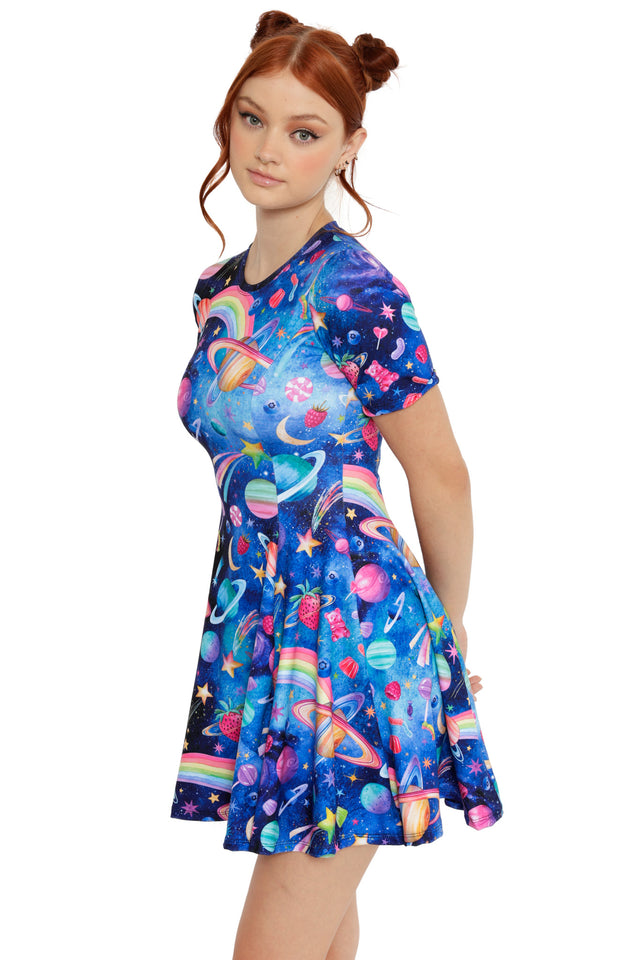 Colourful galaxy skater dress featuring rainbow planets, stars and candy-inspired space illustrations