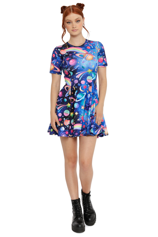 Short sleeve galaxy dress with candy-coloured space artwork and a fitted bodice with flared skirt