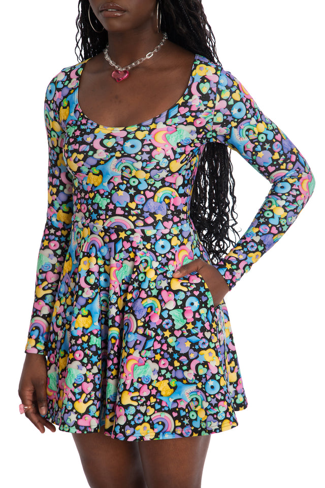Space Gummies Toastie Long Sleeve Skater Dress - Limited BlackMilk Clothing Space Gummies Toastie Long Sleeve Skater Dress - Limited BlackMilk Clothing