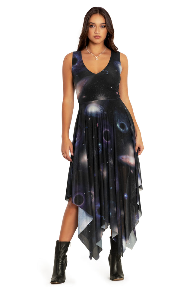 Space Portals V Neck Handkerchief Dress Front