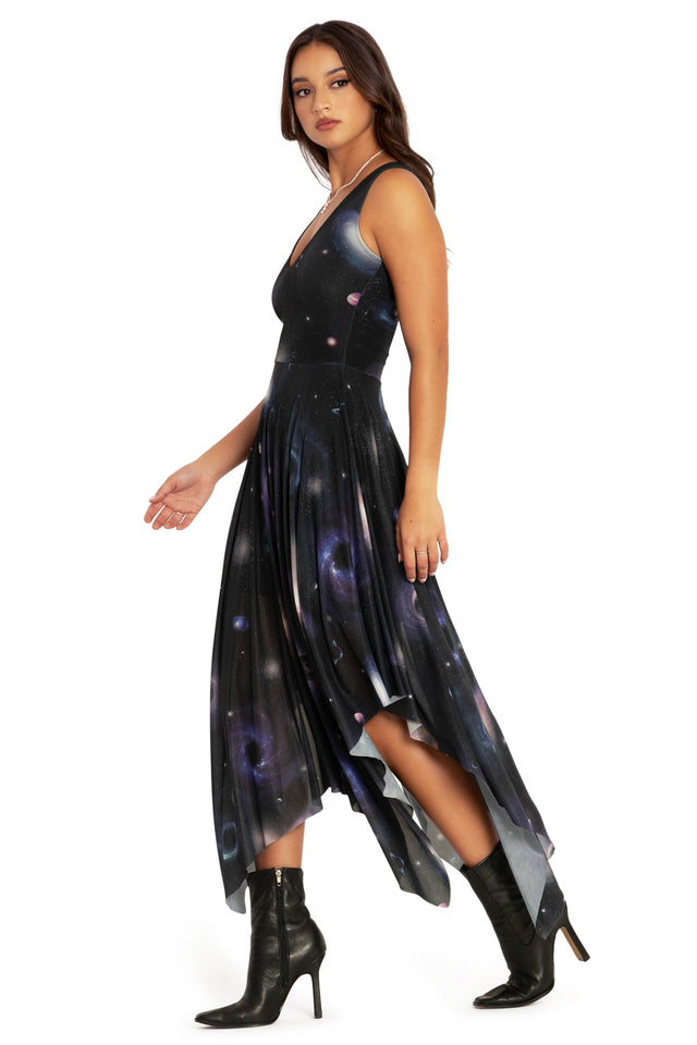 Space Portals V Neck Handkerchief Dress Side