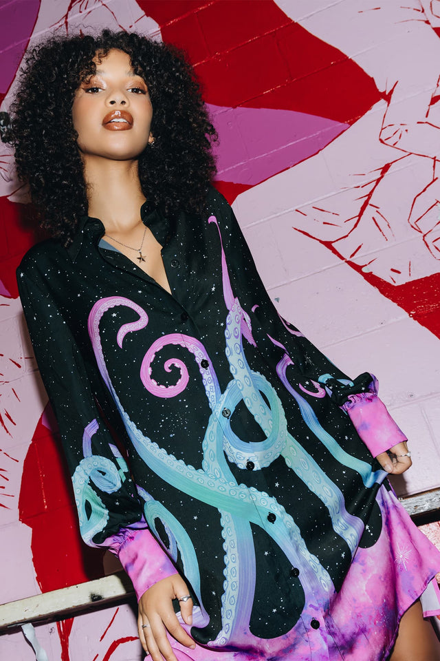 BlackMilk Clothing - Space Tentacles Long Sleeve Work It Shirt Dress