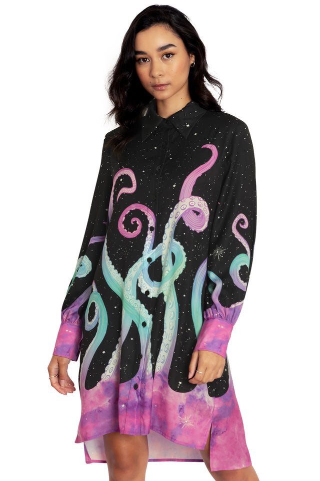 BlackMilk Clothing - Space Tentacles Long Sleeve Work It Shirt Dress