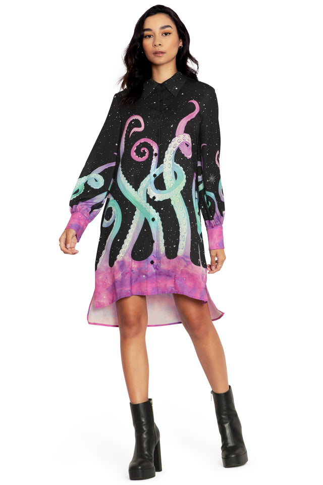BlackMilk Clothing - Space Tentacles Long Sleeve Work It Shirt Dress
