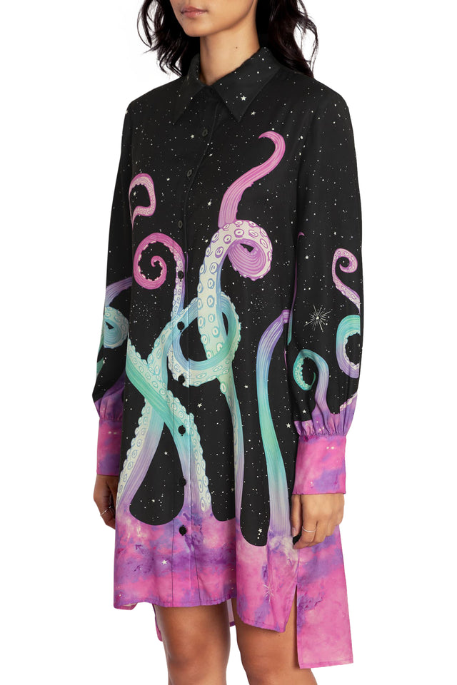 BlackMilk Clothing - Space Tentacles Long Sleeve Work It Shirt Dress