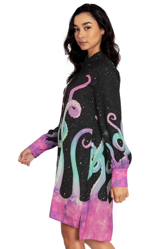 BlackMilk Clothing - Space Tentacles Long Sleeve Work It Shirt Dress