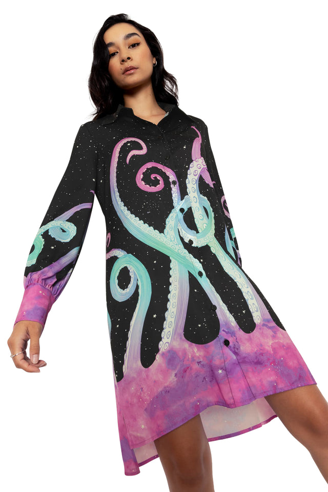 BlackMilk Clothing - Space Tentacles Long Sleeve Work It Shirt Dress