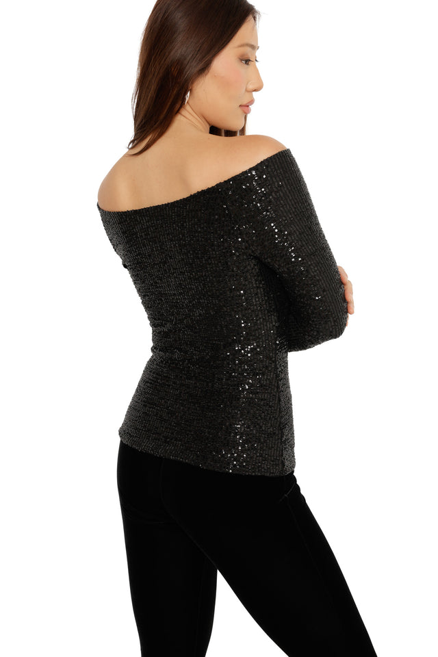 christmas outfit black off shoulder sparkle top for events