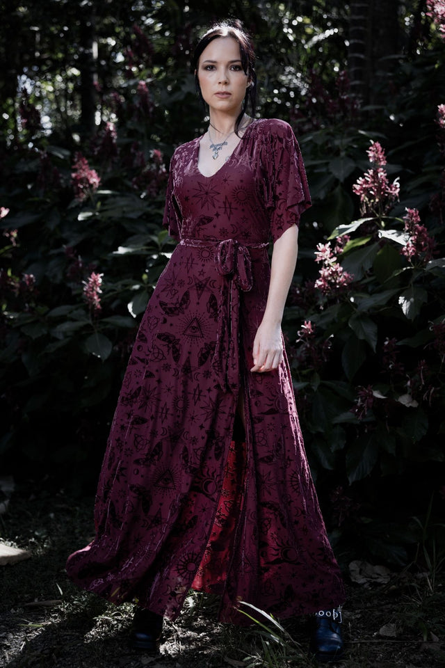 Spell Berry Burned Velvet Kimono Maxi Dress - Limited BlackMilk Clothing Spell Berry Burned Velvet Kimono Maxi Dress - Limited BlackMilk Clothing