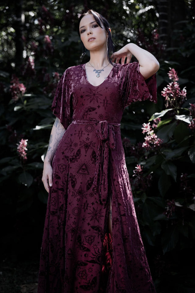 Spell Berry Burned Velvet Kimono Maxi Dress - Limited BlackMilk Clothing Spell Berry Burned Velvet Kimono Maxi Dress - Limited BlackMilk Clothing