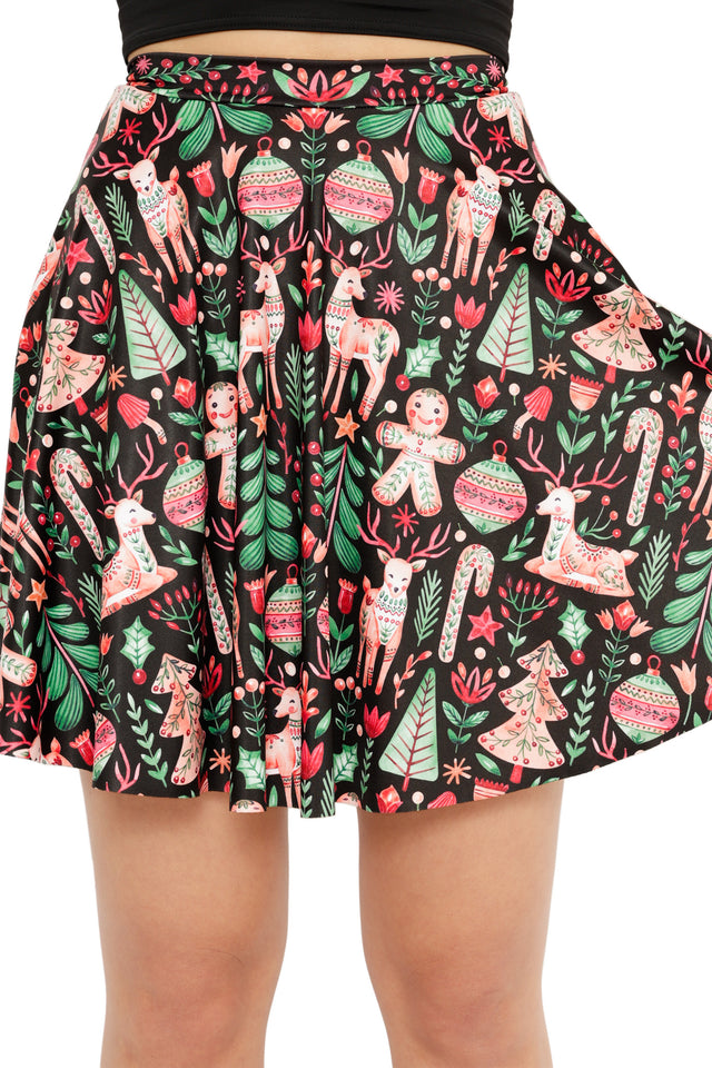 black mini skater skirt with christmas ornaments and candy print