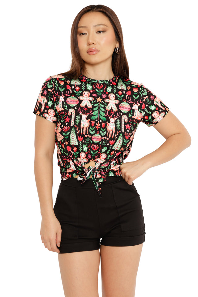 christmas fashion tee with holiday print and front tie detail