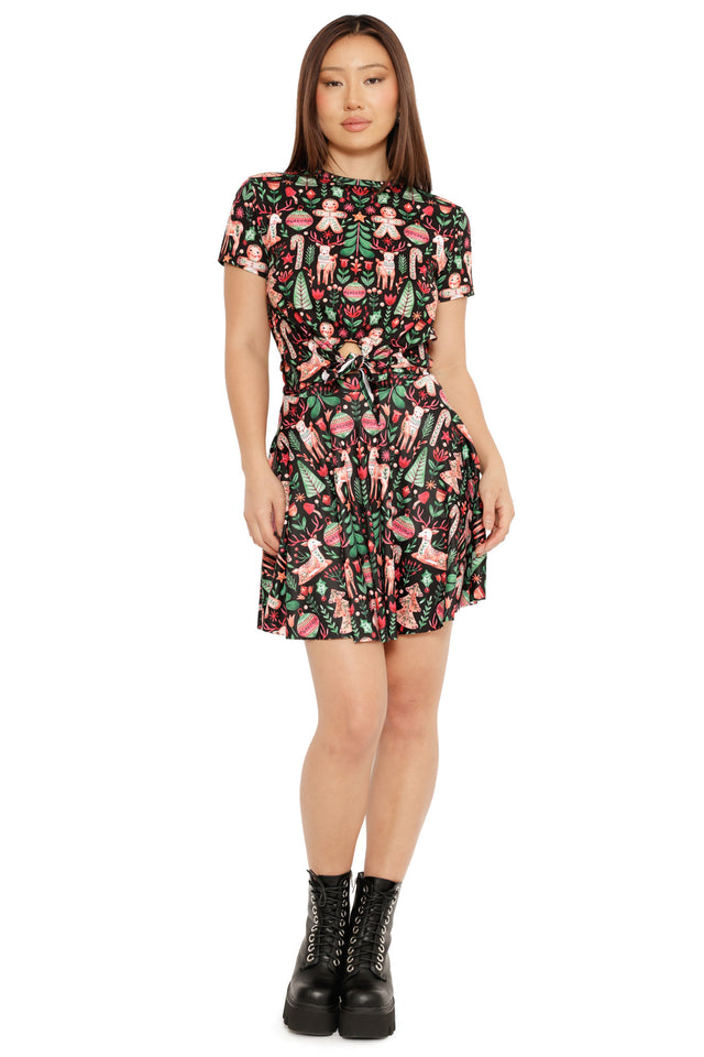 christmas print tie front tee with gingerbread and ornament design