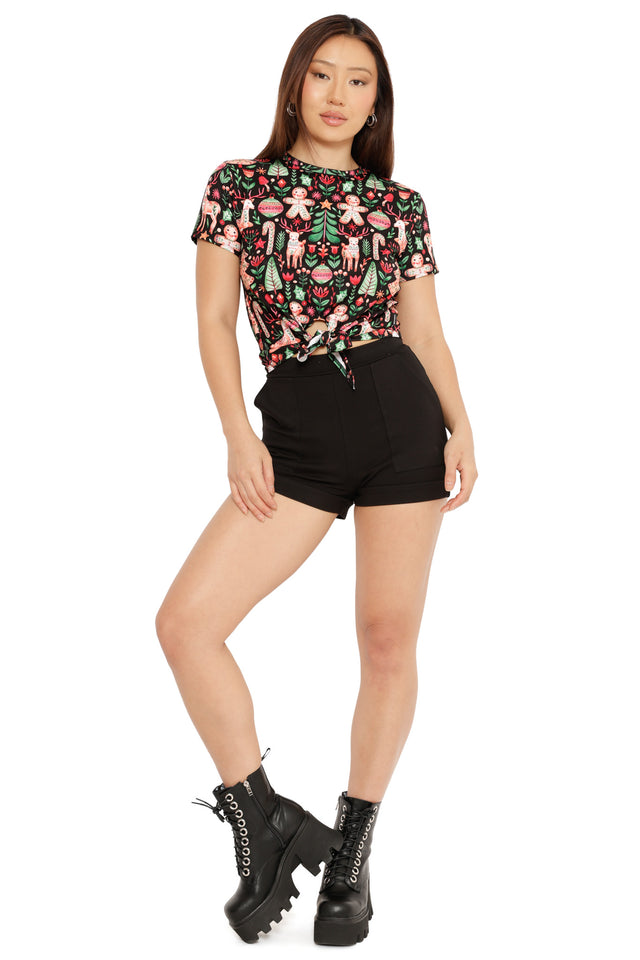 festive short sleeve tie front top women’s holiday outfit