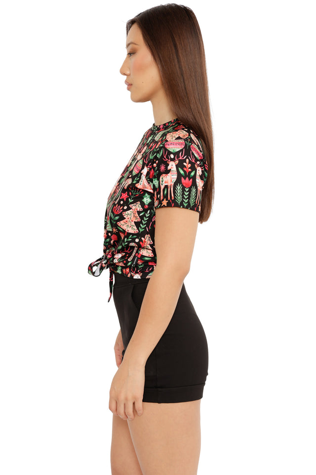 women’s festive top black tie front christmas outfit