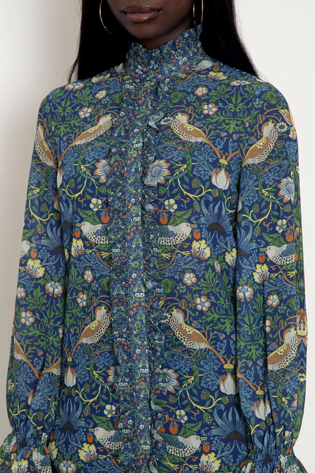 Strawberry Thief Blue Sheer Ruffle Shirt