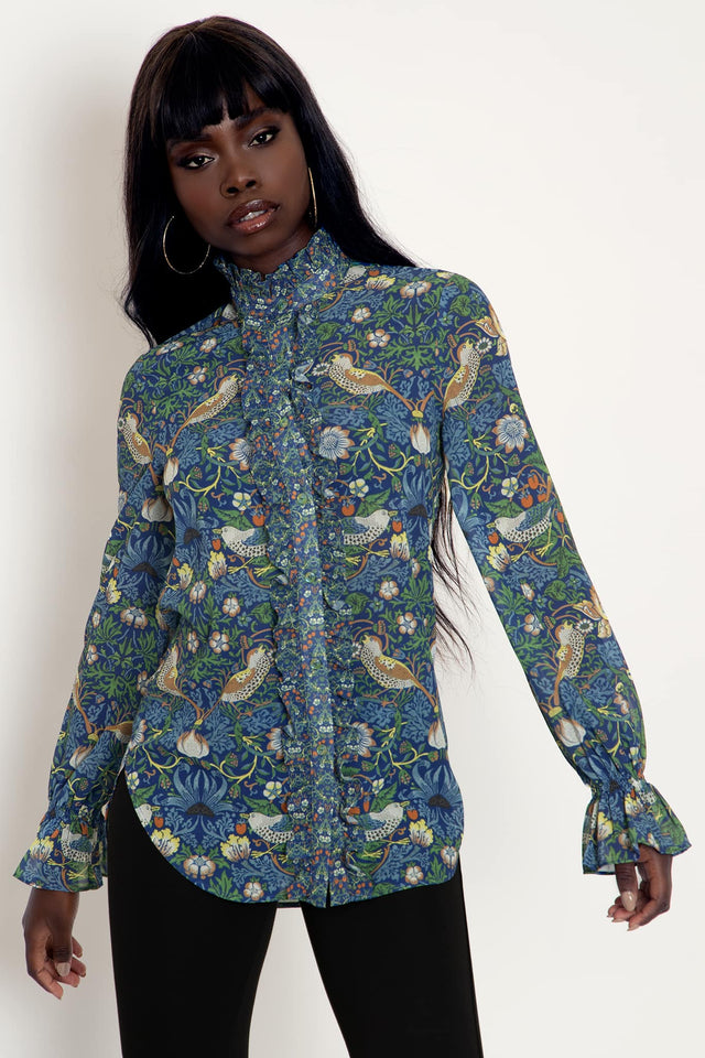 Strawberry Thief Blue Sheer Ruffle Shirt