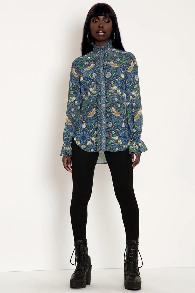 Strawberry Thief Blue Sheer Ruffle Shirt