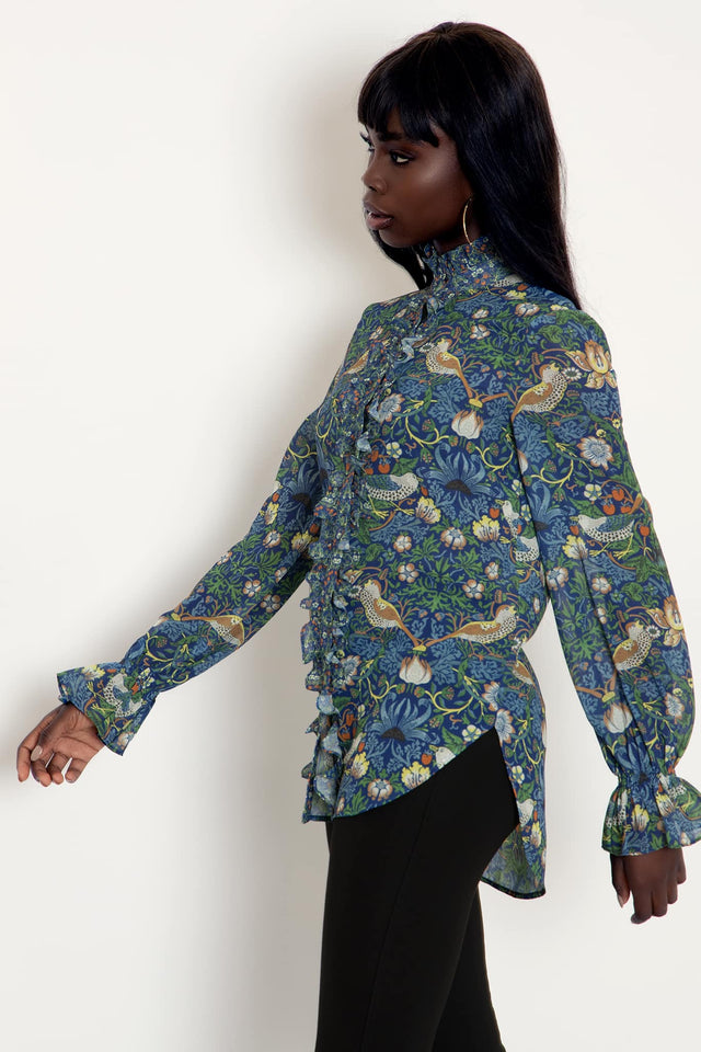 Strawberry Thief Blue Sheer Ruffle Shirt