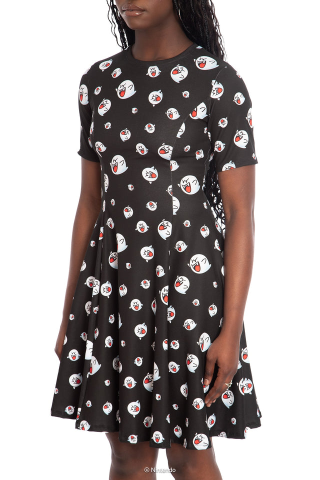 BlackMilk x Super Mario Boo Longline Tee Dress, black Longline dress with Boo character graphic, Super Mario Merchandise, Collaboration apparel, Officially Licensed