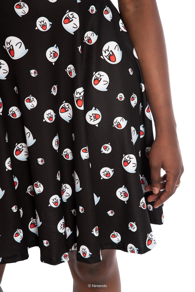 BlackMilk x Super Mario Boo Longline Tee Dress, black Longline dress with Boo character graphic, Super Mario Merchandise, Collaboration apparel, Officially Licensed