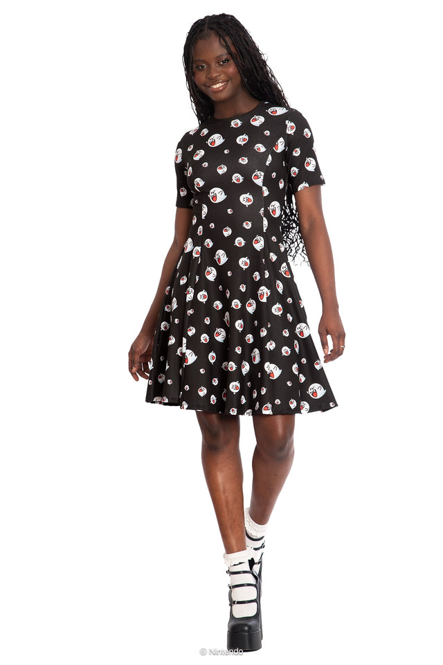 BlackMilk x Super Mario Boo Longline Tee Dress, black Longline dress with Boo character graphic, Super Mario Merchandise, Collaboration apparel, Officially Licensed