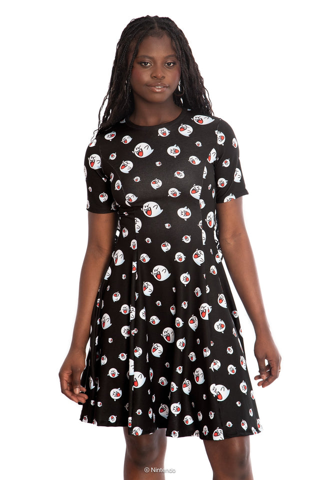 BlackMilk x Super Mario Boo Longline Tee Dress, black Longline dress with Boo character graphic, Super Mario Merchandise, Collaboration apparel, Officially Licensed