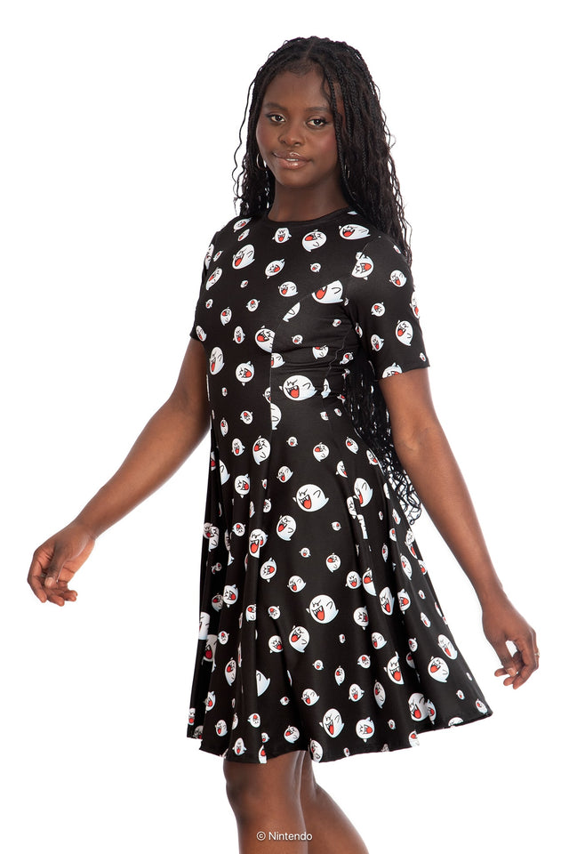 BlackMilk x Super Mario Boo Longline Tee Dress, black Longline dress with Boo character graphic, Super Mario Merchandise, Collaboration apparel, Officially Licensed