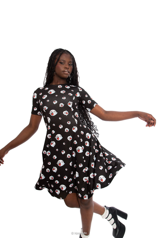 BlackMilk x Super Mario Boo Longline Tee Dress, black Longline dress with Boo character graphic, Super Mario Merchandise, Collaboration apparel, Officially Licensed