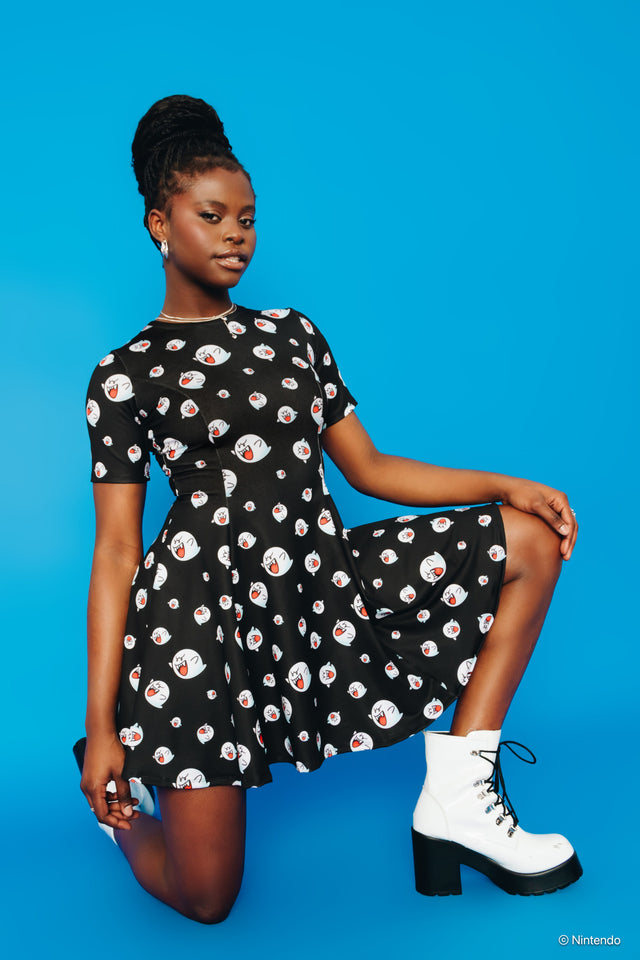 BlackMilk x Super Mario Boo Tee Dress, black t-shirt dress with Boo character graphic, Super Mario Merchandise, Collaboration apparel, Officially Licensed