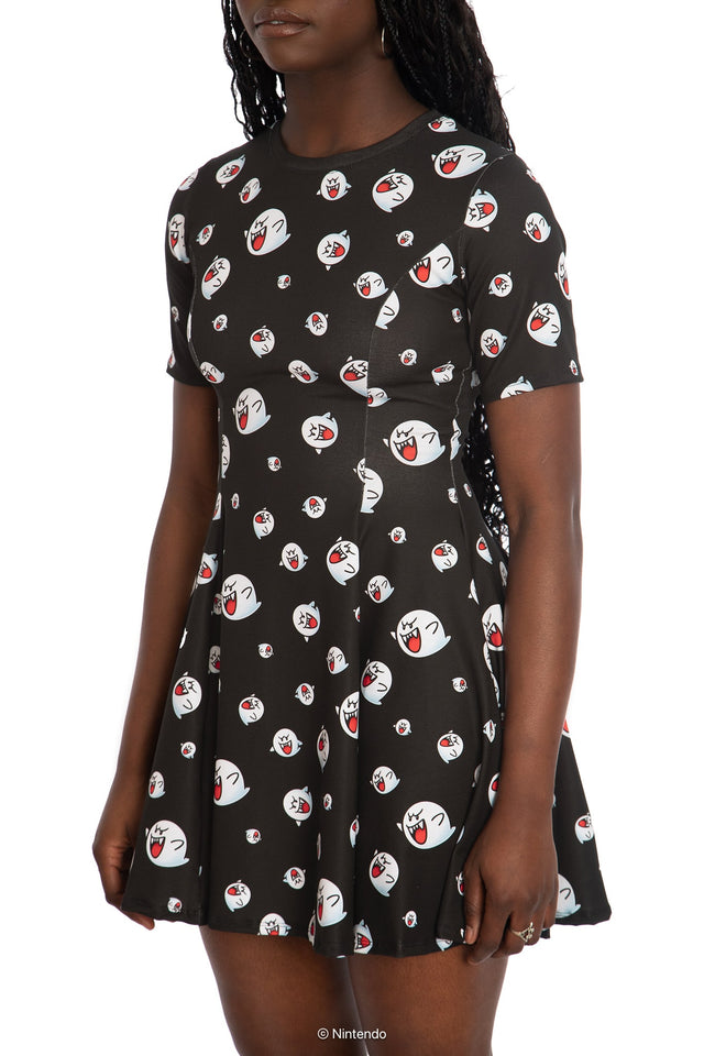 BlackMilk x Super Mario Boo Tee Dress, black t-shirt dress with Boo character graphic, Super Mario Merchandise, Collaboration apparel, Officially Licensed