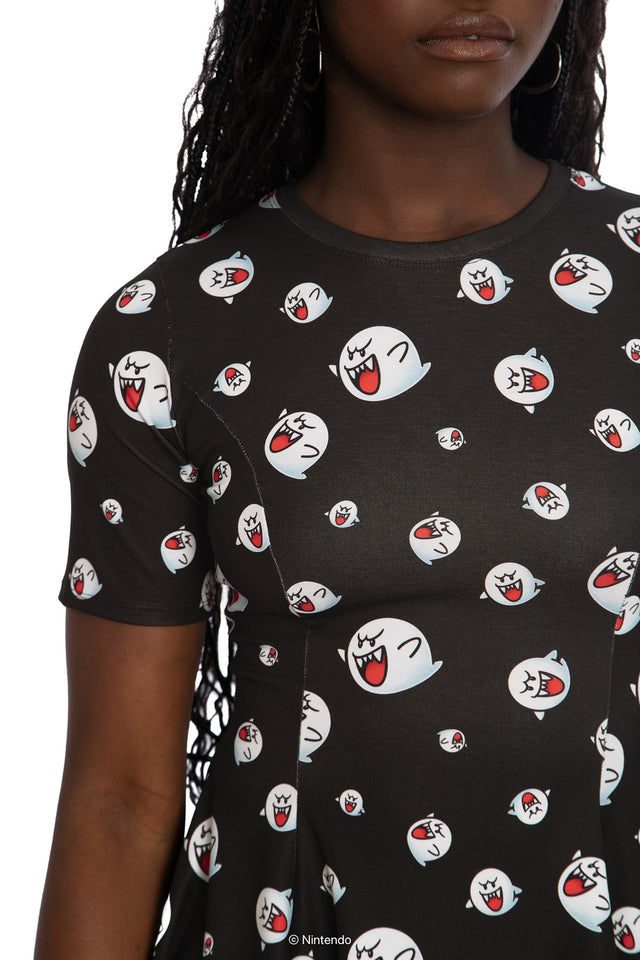 BlackMilk x Super Mario Boo Tee Dress, black t-shirt dress with Boo character graphic, Super Mario Merchandise, Collaboration apparel, Officially Licensed