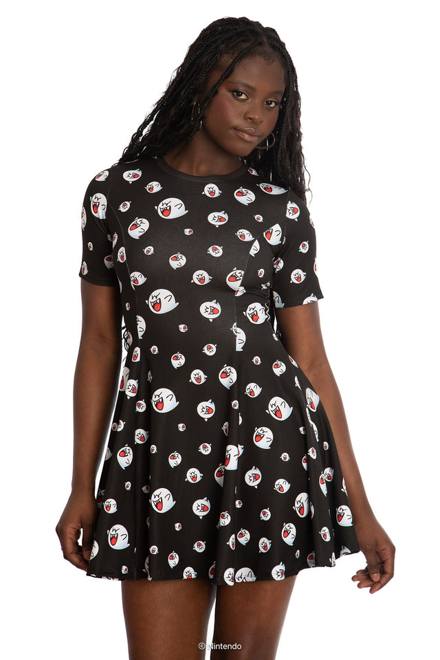 BlackMilk x Super Mario Boo Tee Dress, black t-shirt dress with Boo character graphic, Super Mario Merchandise, Collaboration apparel, Officially Licensed