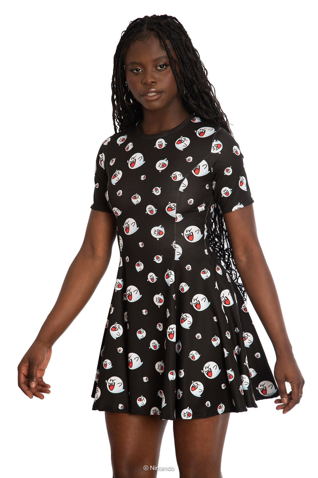 BlackMilk x Super Mario Boo Tee Dress, black t-shirt dress with Boo character graphic, Super Mario Merchandise, Collaboration apparel, Officially Licensed