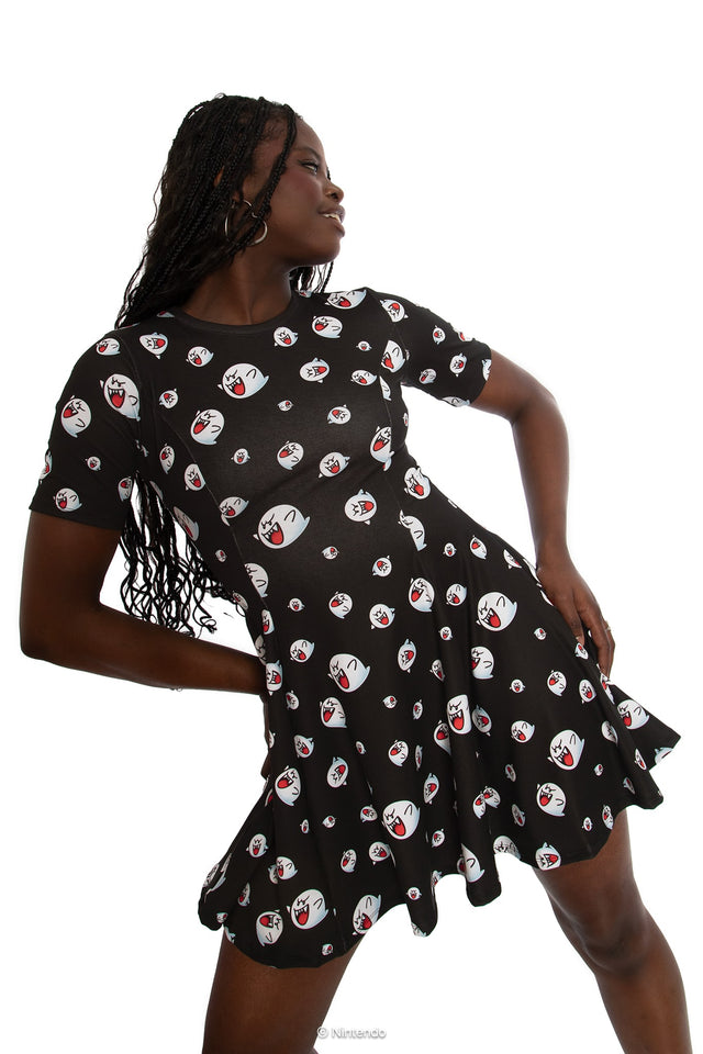 BlackMilk x Super Mario Boo Tee Dress, black t-shirt dress with Boo character graphic, Super Mario Merchandise, Collaboration apparel, Officially Licensed