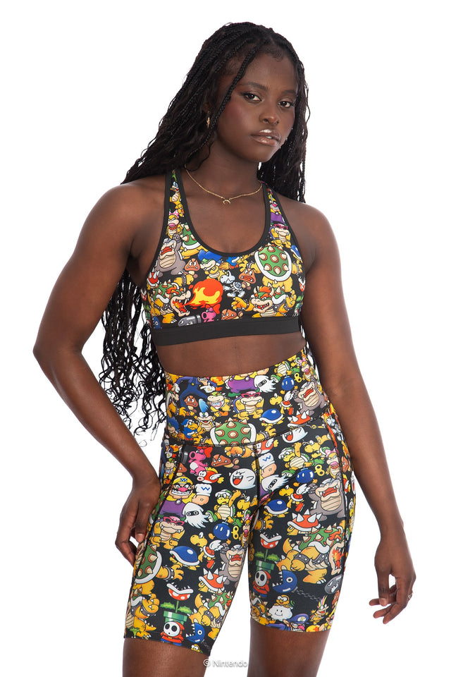 BlackMilk x Super Mario Enemies High Waisted Bike Pants, black bike shorts featuring Bowser, Wario, Waluigi, Goombas, Bullet Bills, Koopa Troopas, Super Mario Merchandise, Collaboration apparel, Officially Licensed