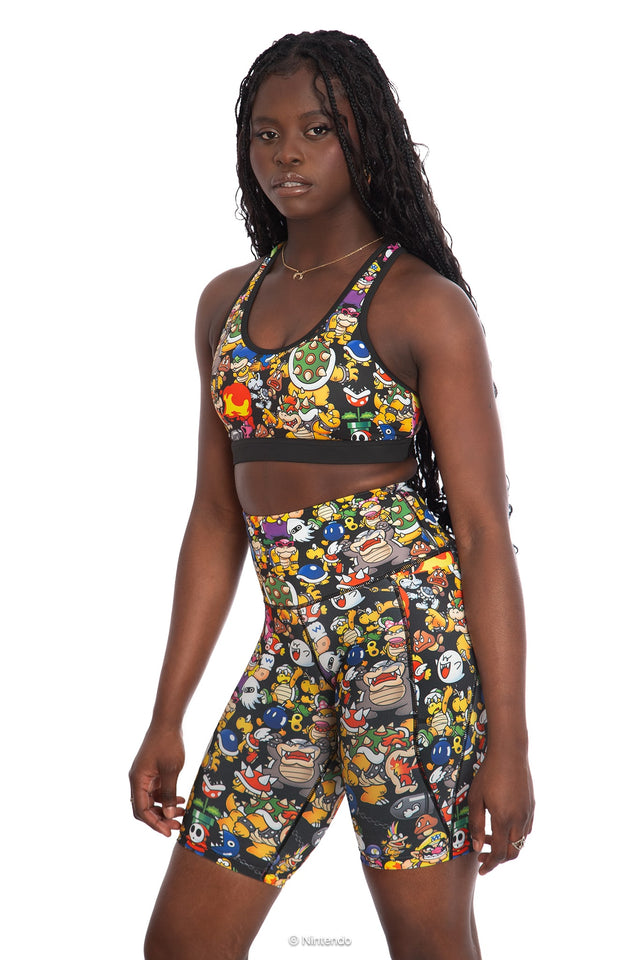 BlackMilk x Super Mario Enemies High Waisted Bike Pants, black bike shorts featuring Bowser, Wario, Waluigi, Goombas, Bullet Bills, Koopa Troopas, Super Mario Merchandise, Collaboration apparel, Officially Licensed